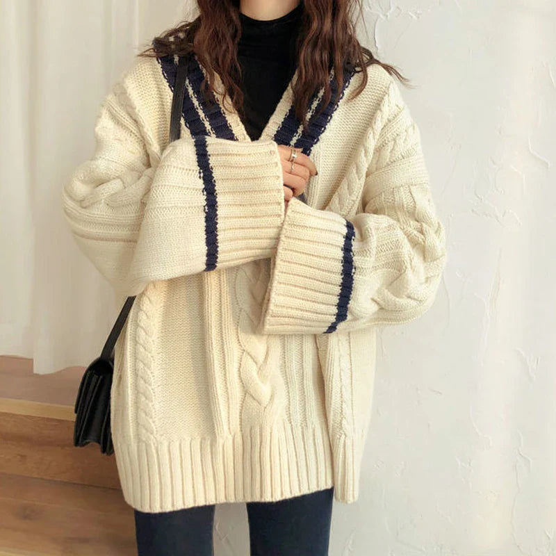 Dikke geribbelde V-hals losse casual gebreide trui-Blazers & Vesten-Calora-Marine-Eén maat-Calora