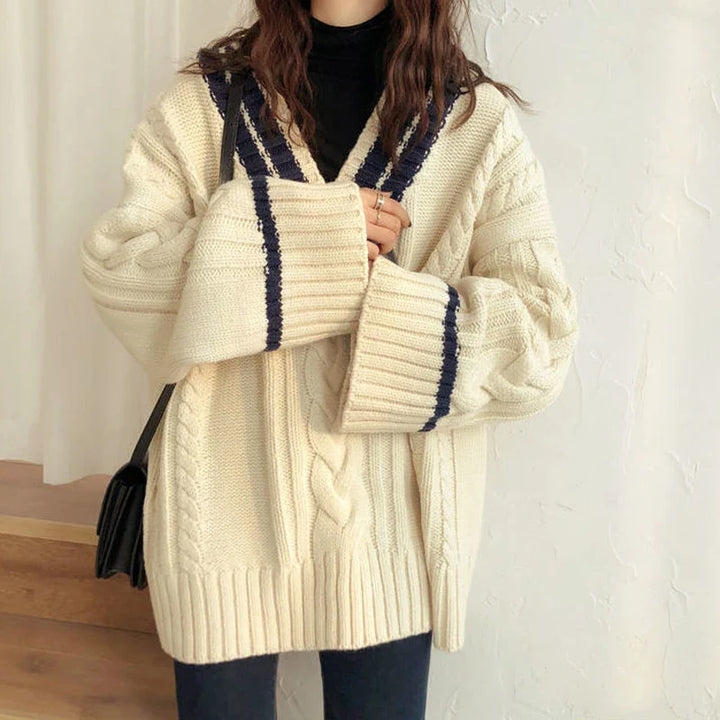 Dikke geribbelde V-hals losse casual gebreide trui-Blazers & Vesten-Calora-Marine-Eén maat-Calora