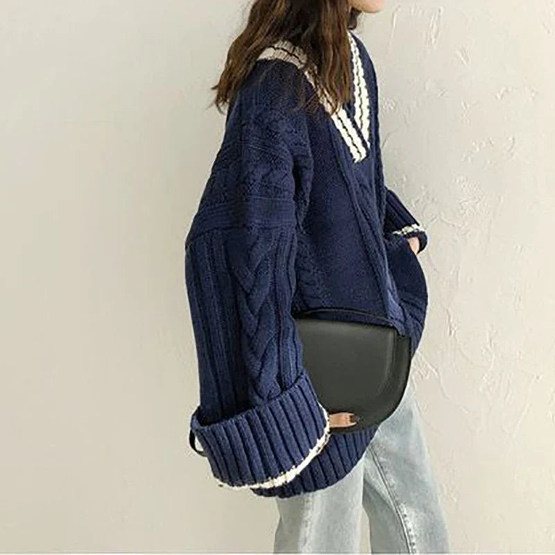 Dikke geribbelde V-hals losse casual gebreide trui-Blazers & Vesten-Calora-Marine-Eén maat-Calora