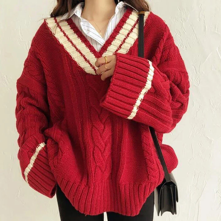 Dikke geribbelde V-hals losse casual gebreide trui-Blazers & Vesten-Calora-Rood-Eén maat-Calora