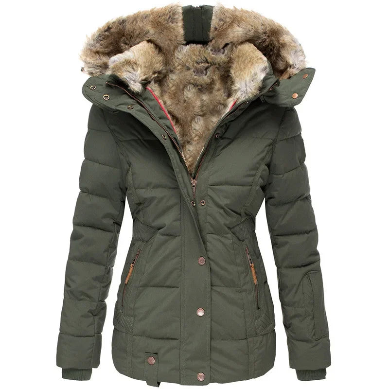 Diva | Dames winterjas met capuchon, rits en drukknopen-Zomer Jassen-Calora-Legergroen-S-Calora