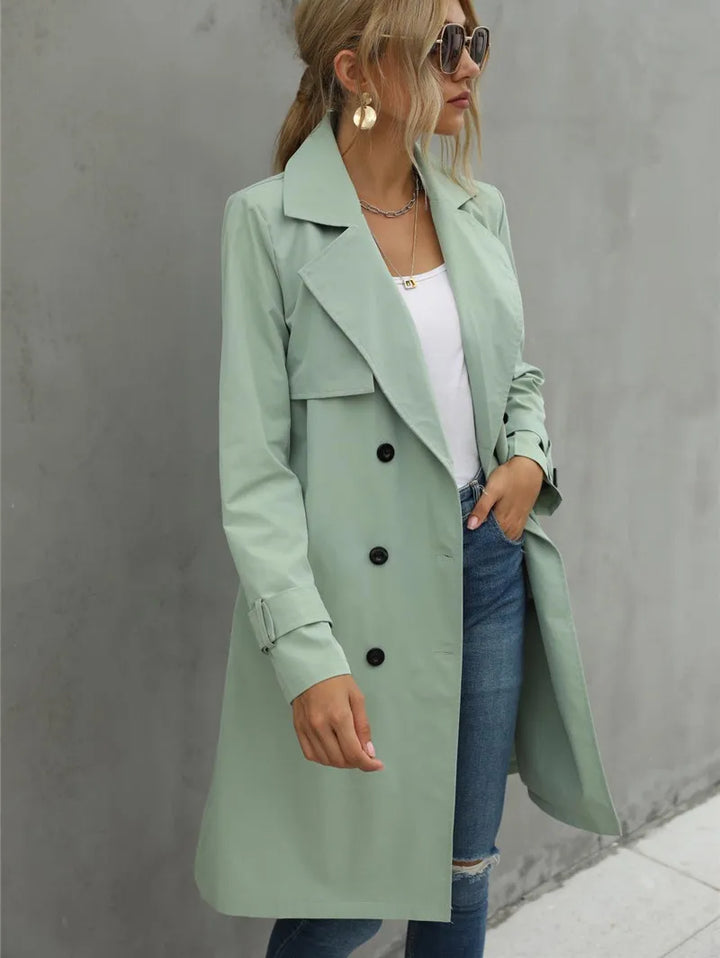 Divar | Dames casual trenchcoat met dubbele rij knopen en reverskraag-Zomer Jassen-Calora-Groen-S-Calora