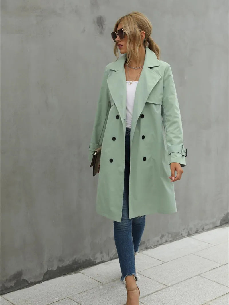 Divar | Dames casual trenchcoat met dubbele rij knopen en reverskraag-Zomer Jassen-Calora-Khaki-S-Calora