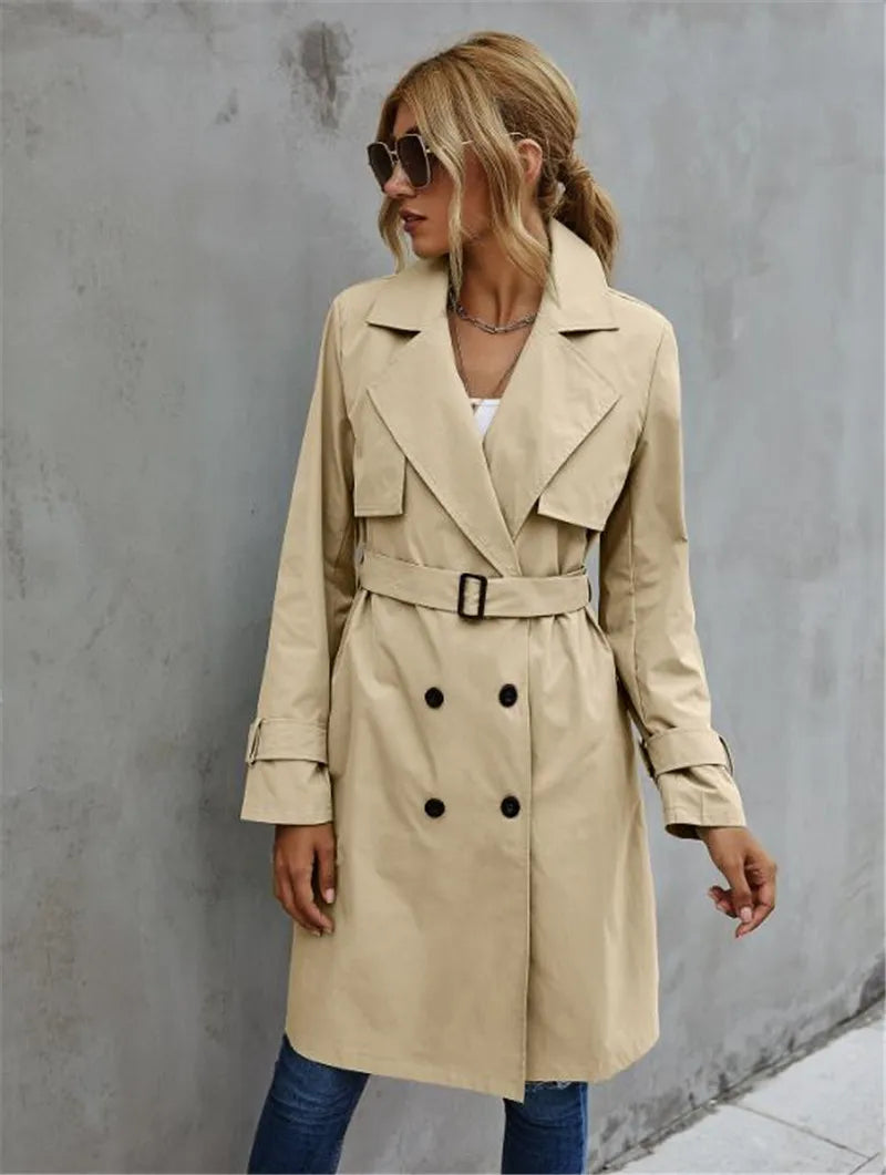 Divar | Dames casual trenchcoat met dubbele rij knopen en reverskraag-Zomer Jassen-Calora-Khaki-S-Calora