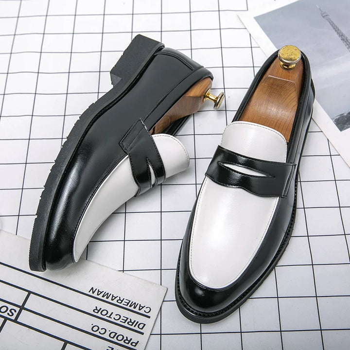 Domenico | Heren slip-on Loafers in Zwart en Wit Leer-Loafers-Calora-Bruin-38-Calora