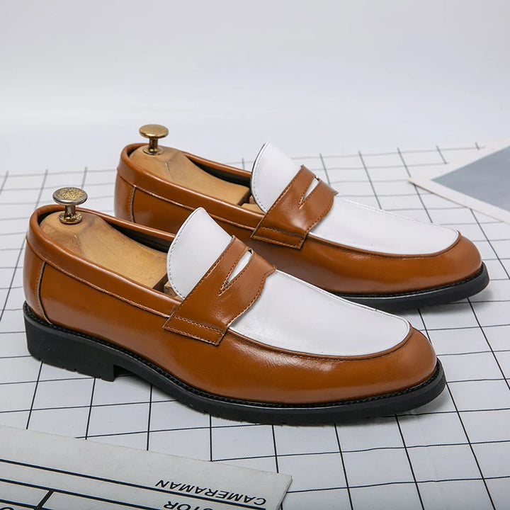Domenico | Heren slip-on Loafers in Zwart en Wit Leer-Loafers-Calora-Bruin-38-Calora
