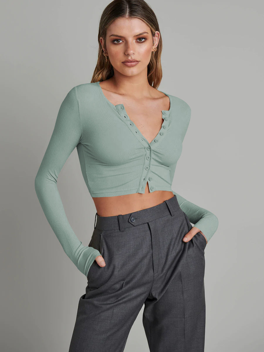 CALORA_ Donkergroene Lange Mouwen Gebreide Cardigan met Knoopsluiting