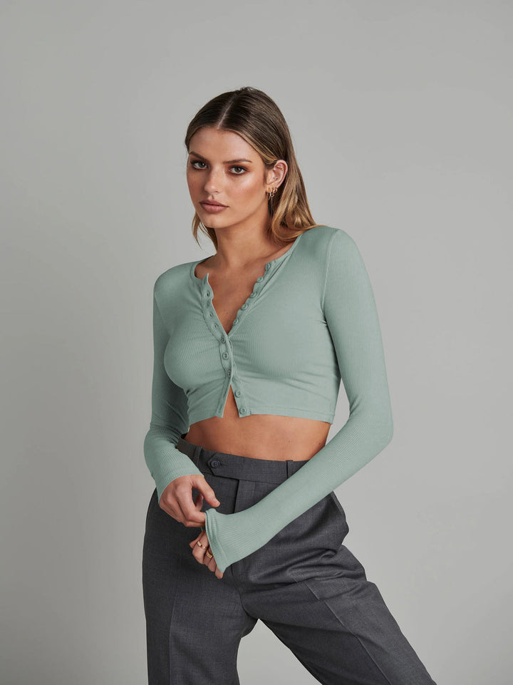 CALORA_ Donkergroene Lange Mouwen Gebreide Cardigan met Knoopsluiting