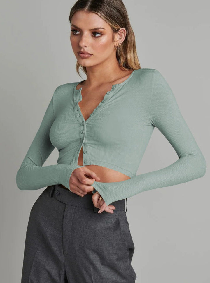 CALORA_ Donkergroene Lange Mouwen Gebreide Cardigan met Knoopsluiting