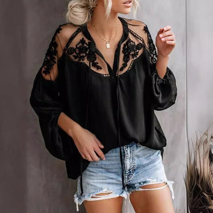 CALORA_ Doorzichtig Bloemengeborduurd Bohemian Blouse met Lange Mouwen