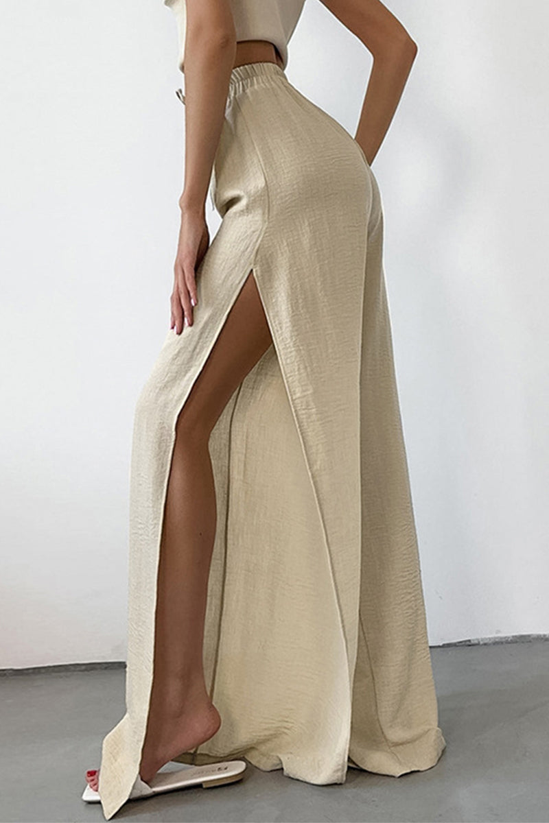 Effenkleurige Broek met losse hoge taille, wijde pijpen-Wijde Broeken-Calora-Khaki-S-Calora