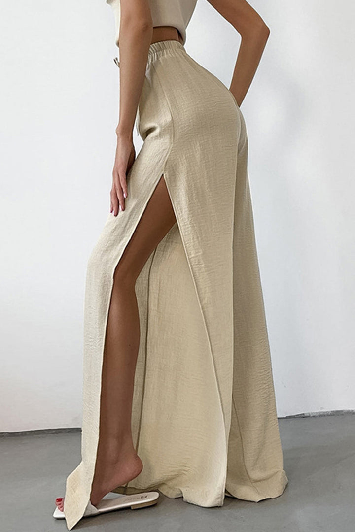 Effenkleurige Broek met losse hoge taille, wijde pijpen-Wijde Broeken-Calora-Khaki-S-Calora