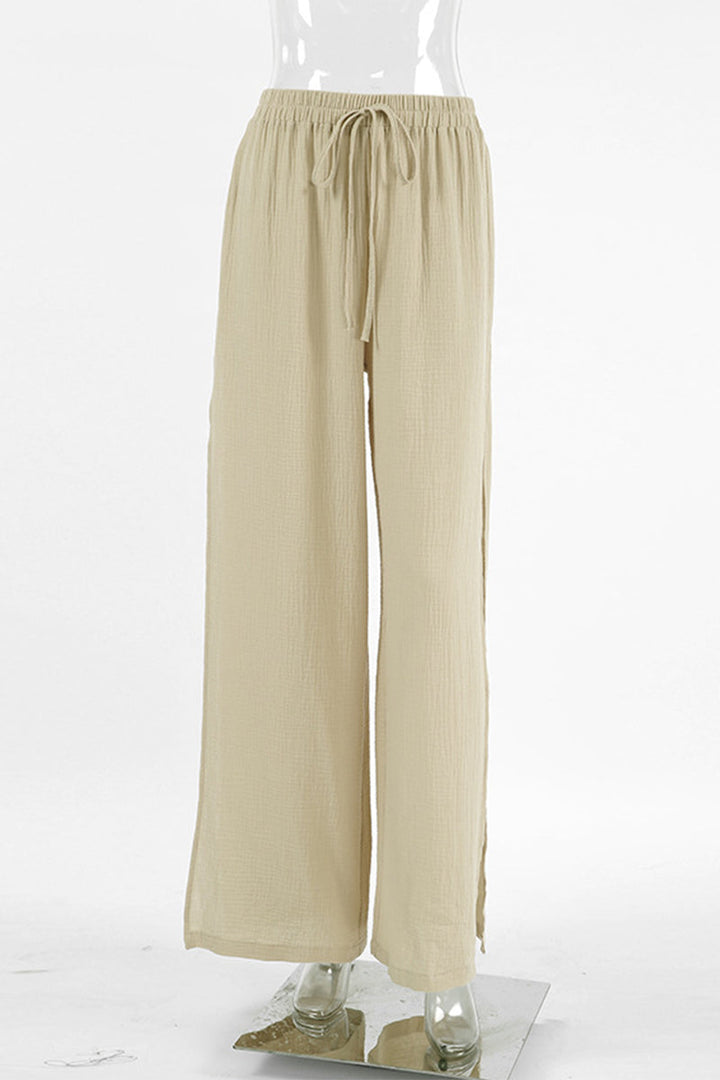 Effenkleurige Broek met losse hoge taille, wijde pijpen-Wijde Broeken-Calora-Khaki-S-Calora