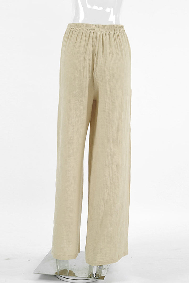 Effenkleurige Broek met losse hoge taille, wijde pijpen-Wijde Broeken-Calora-Khaki-S-Calora