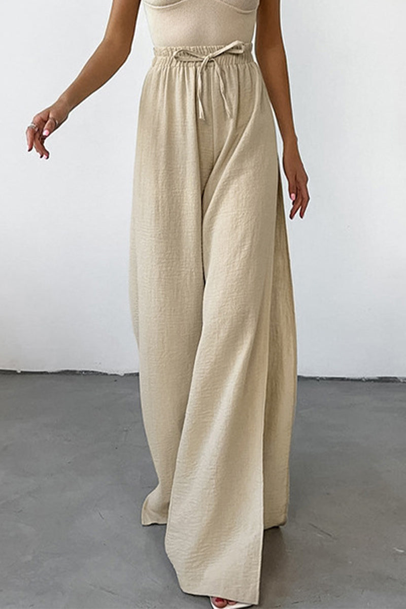 Effenkleurige Broek met losse hoge taille, wijde pijpen-Wijde Broeken-Calora-Khaki-S-Calora
