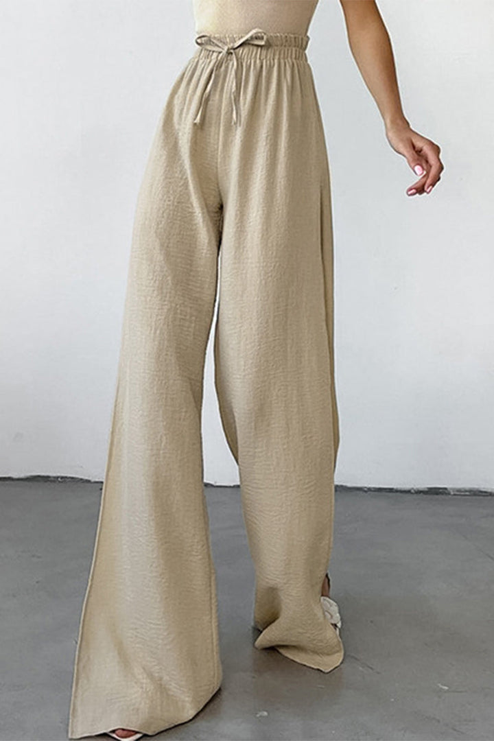 Effenkleurige Broek met losse hoge taille, wijde pijpen-Wijde Broeken-Calora-Khaki-S-Calora