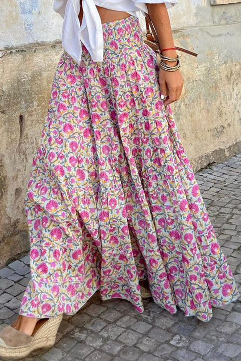 CALORA_ Elastische Taille Bohemian Flowy Rok Maxi met Vloeiende Stijl