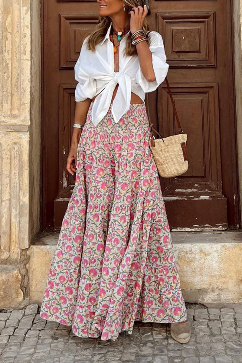 CALORA_ Elastische Taille Bohemian Flowy Rok Maxi met Vloeiende Stijl