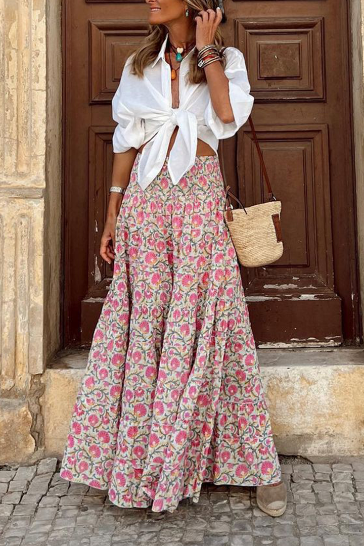 CALORA_ Elastische Taille Bohemian Flowy Rok Maxi met Vloeiende Stijl