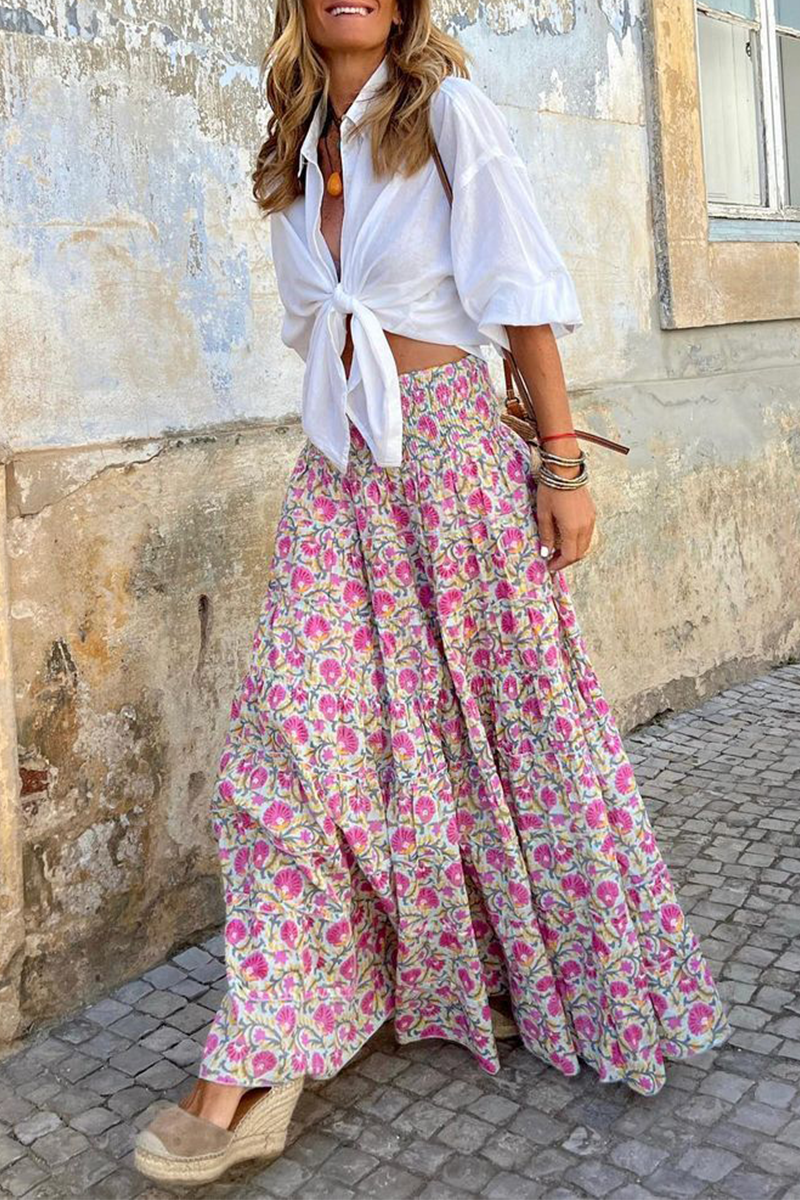 CALORA_ Elastische Taille Bohemian Flowy Rok Maxi met Vloeiende Stijl