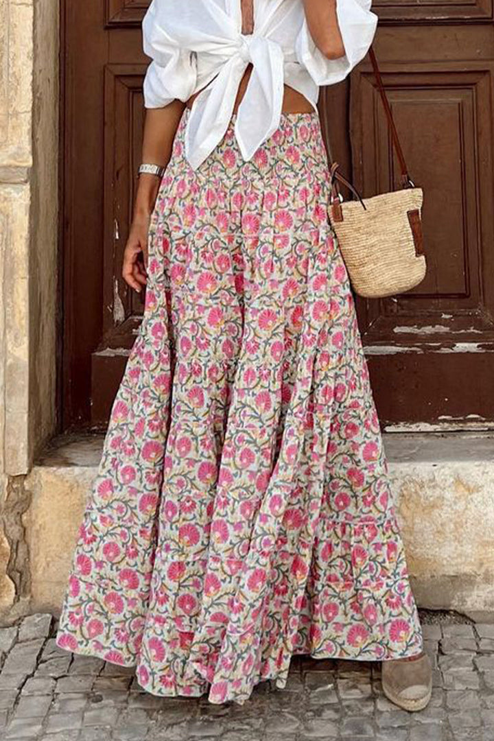 CALORA_ Elastische Taille Bohemian Flowy Rok Maxi met Vloeiende Stijl