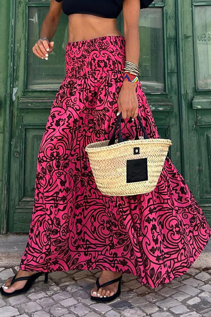 CALORA_ Elastische Taille Bohemian Flowy Rok Maxi met Vloeiende Stijl