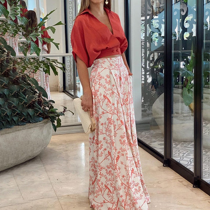 CALORA_ Elegante Bloemen Outfit Top en Rok