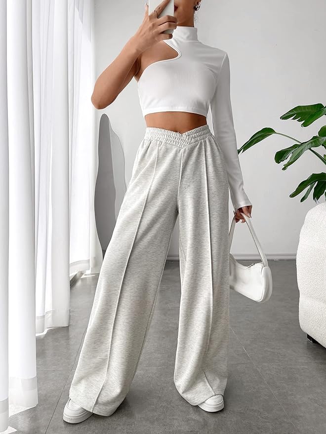 Elegante Elastische tailleband Brede broekspijpen-Wijde Broeken-Calora-Grijs-S-Calora