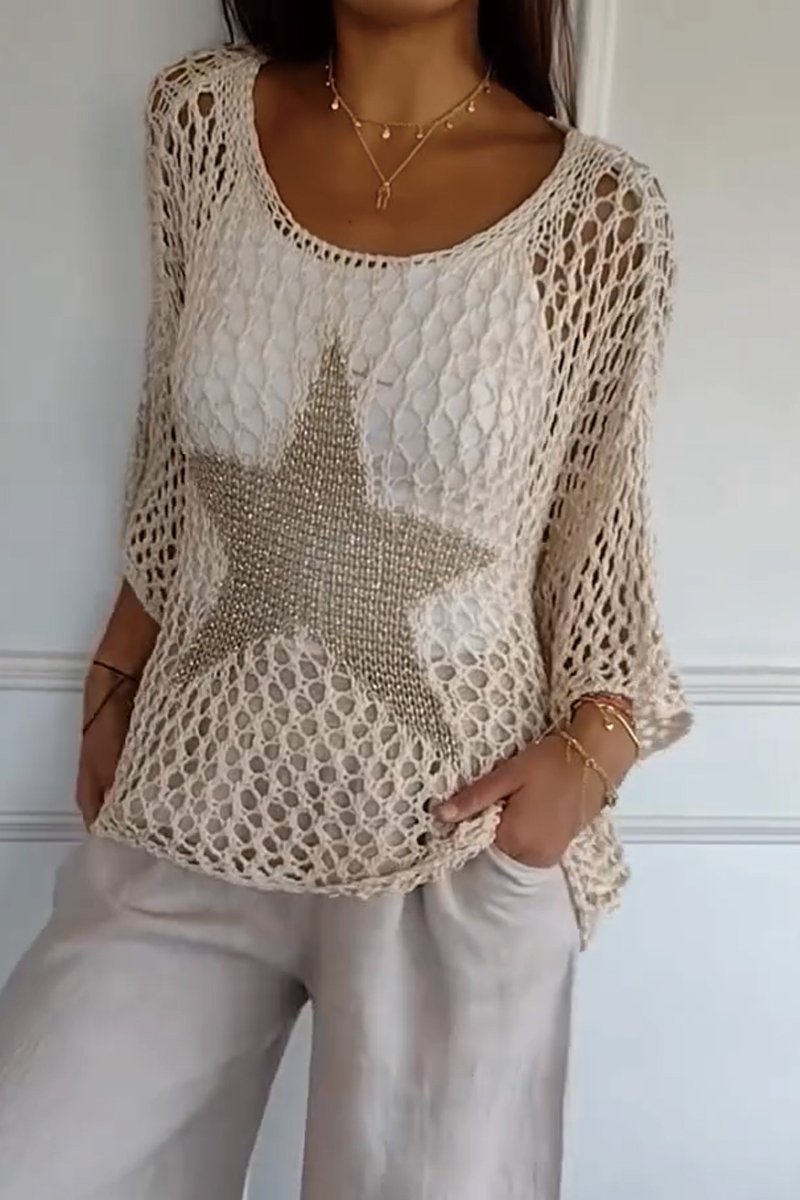 Elegante gebreide doorschijnende sterrentrui-Shirts & Topjes-Calora-Beige-S-Calora