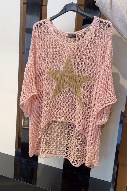 Elegante gebreide doorschijnende sterrentrui-Shirts & Topjes-Calora-Roze-S-Calora