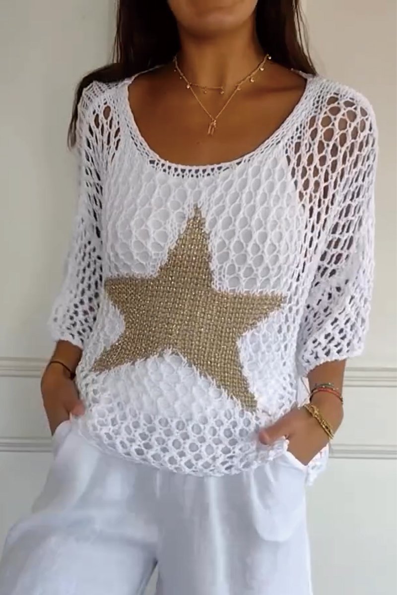 Elegante gebreide doorschijnende sterrentrui-Shirts & Topjes-Calora-Wit-S-Calora