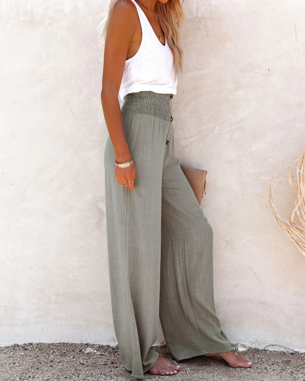 Elegante geknoopte hoge taille broek-Wijde Broeken-Calora-Wit-S-Calora