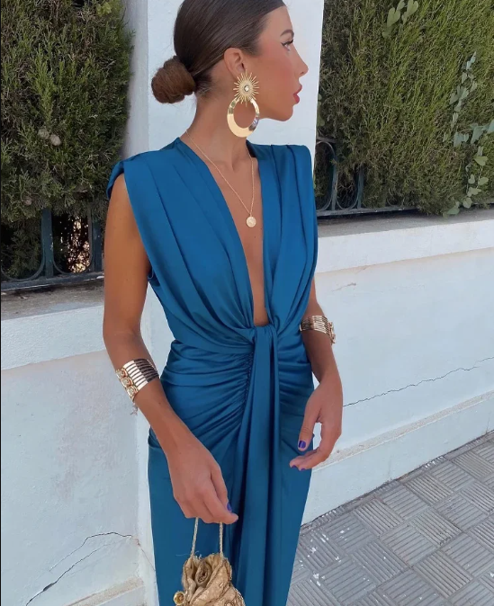 Elegante Geplooide Alijnjurk Met Fijnvallende Taille-Feest Jurken-Calora-Blauw-8 - 10 (S)-Calora