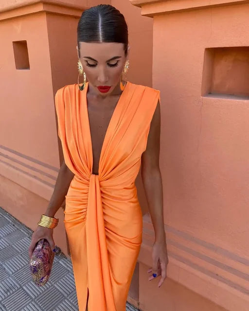 Elegante Geplooide Alijnjurk Met Fijnvallende Taille-Feest Jurken-Calora-Oranje-8 - 10 (S)-Calora