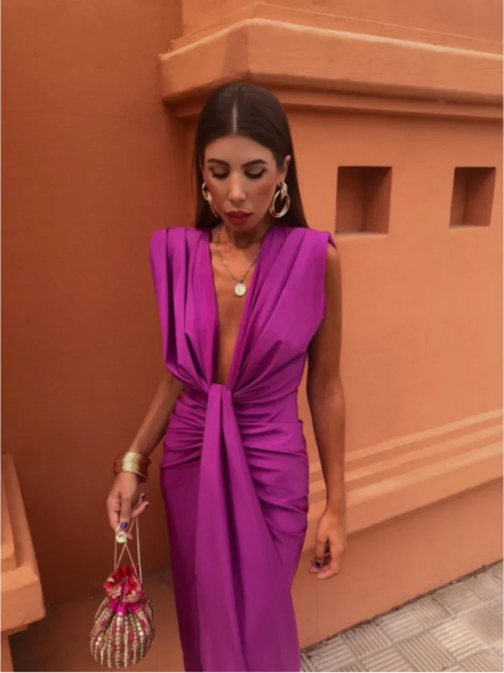 Elegante Geplooide Alijnjurk Met Fijnvallende Taille-Feest Jurken-Calora-Paars-8 - 10 (S)-Calora