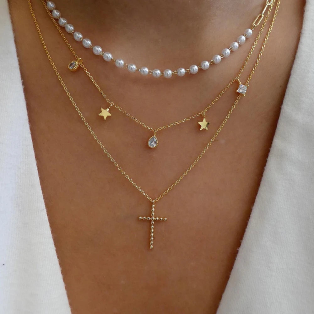 CALORA_ Elegante Gouden Parel Kettingen Set met Kristallen Hangers voor Vrouwen