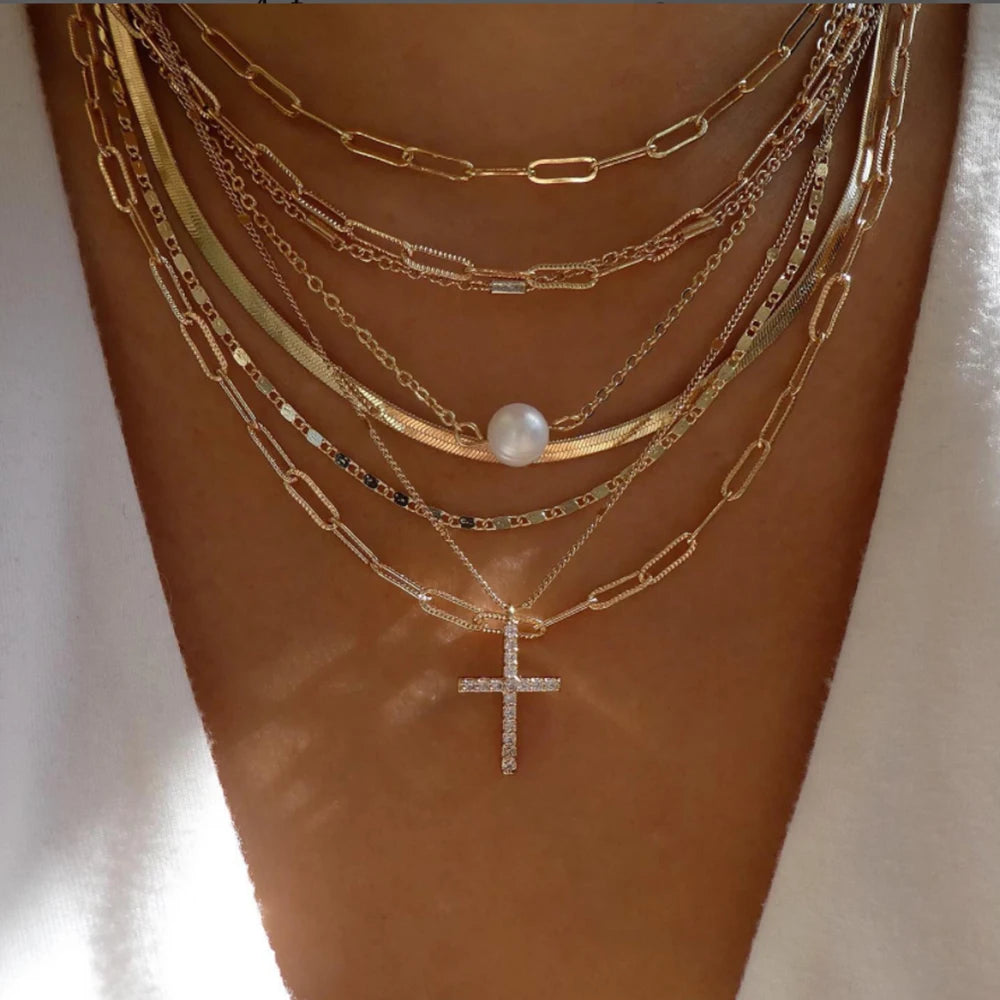 CALORA_ Elegante Gouden Parel Kettingen Set met Kristallen Hangers voor Vrouwen