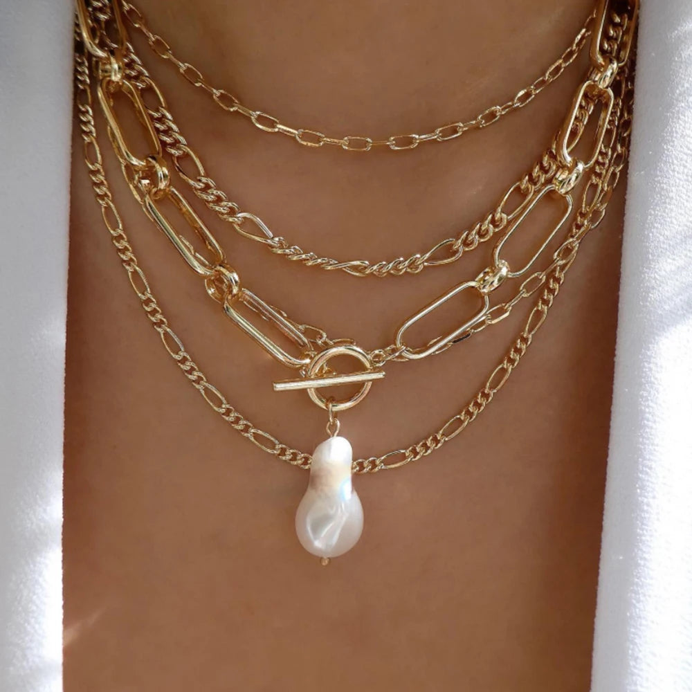 CALORA_ Elegante Gouden Parel Kettingen Set met Kristallen Hangers voor Vrouwen
