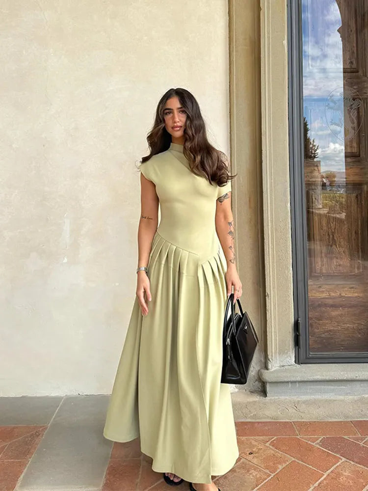Elegante Groene Geplooide Jurk Met O Hals En Korte Mouw-Zomer Jurken-Calora-Groen-S-Calora