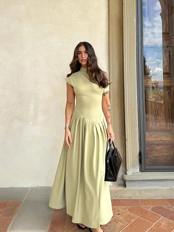 Elegante Groene Geplooide Jurk Met O Hals En Korte Mouw-Zomer Jurken-Calora-Groen-S-Calora