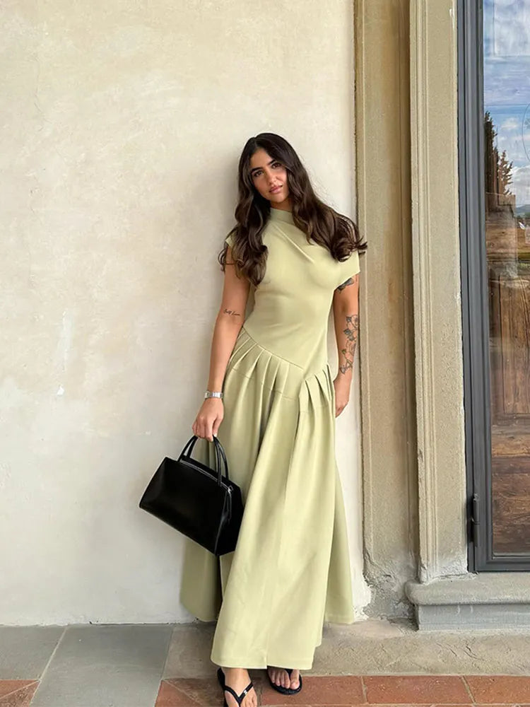 Elegante Groene Geplooide Jurk Met O Hals En Korte Mouw-Zomer Jurken-Calora-Zwart-S-Calora
