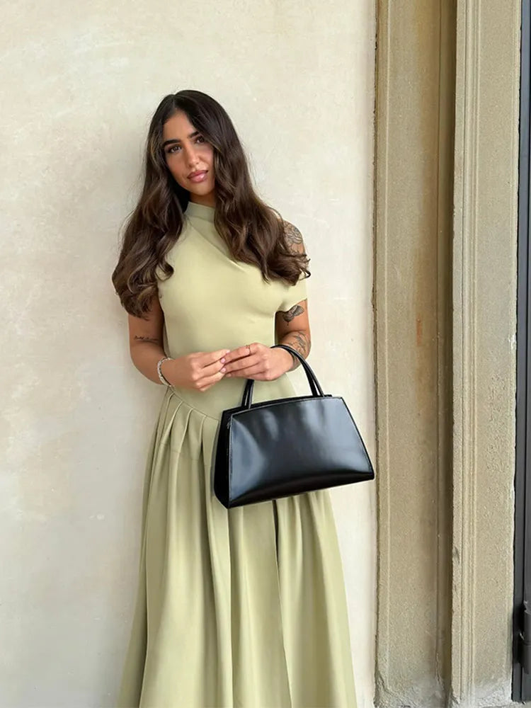 Elegante Groene Geplooide Jurk Met O Hals En Korte Mouw-Zomer Jurken-Calora-Zwart-S-Calora