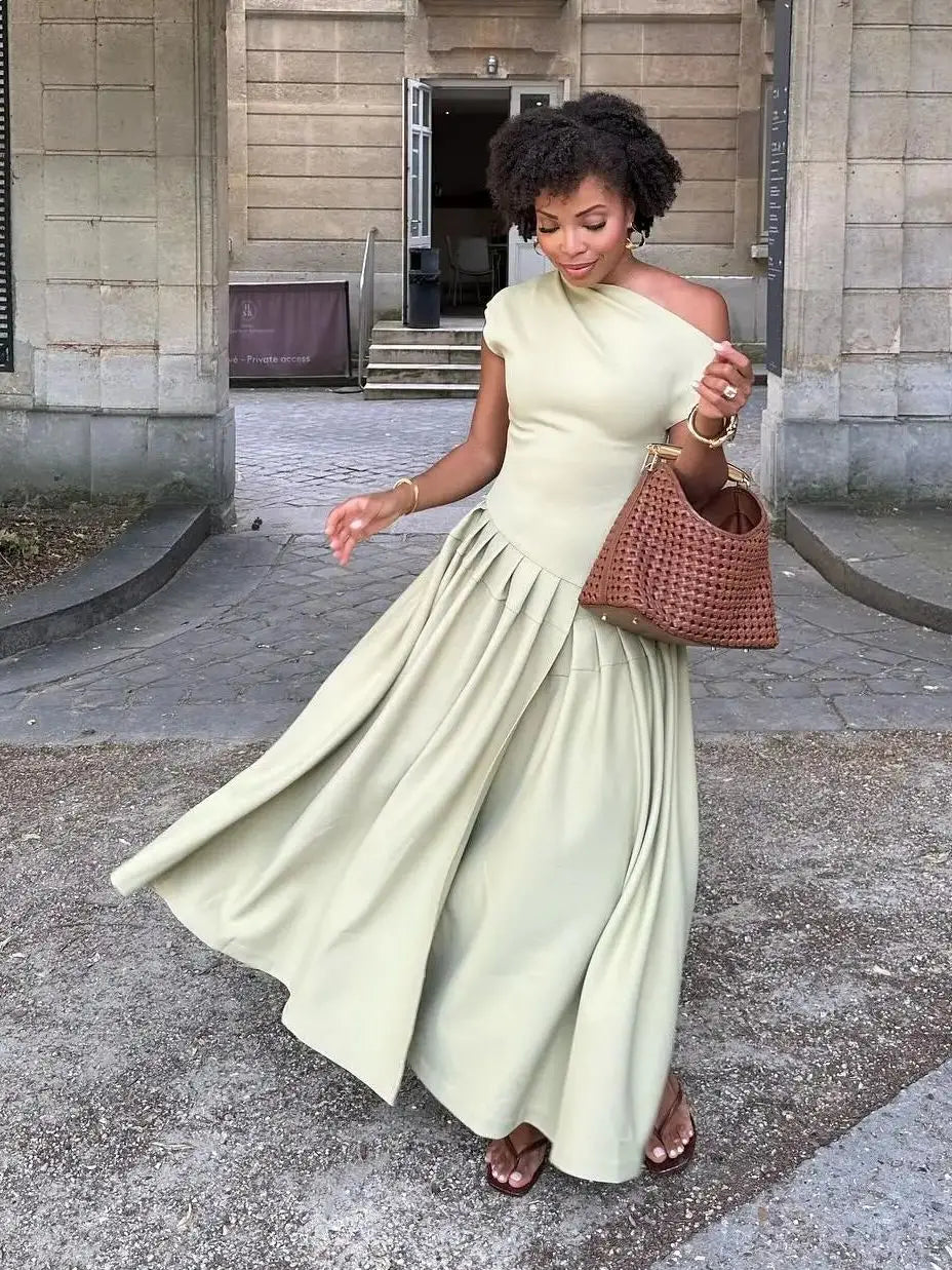Elegante Groene Geplooide Jurk Met O Hals En Korte Mouw-Zomer Jurken-Calora-Zwart-S-Calora