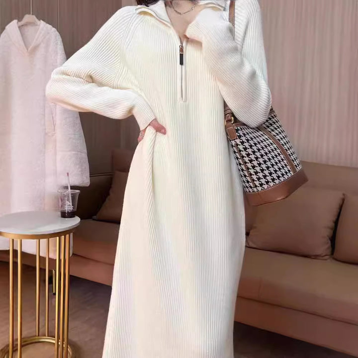 CALORA_ Elegante Halflange Damesjas en Trui Jurk met Gebreide Binnenvoering