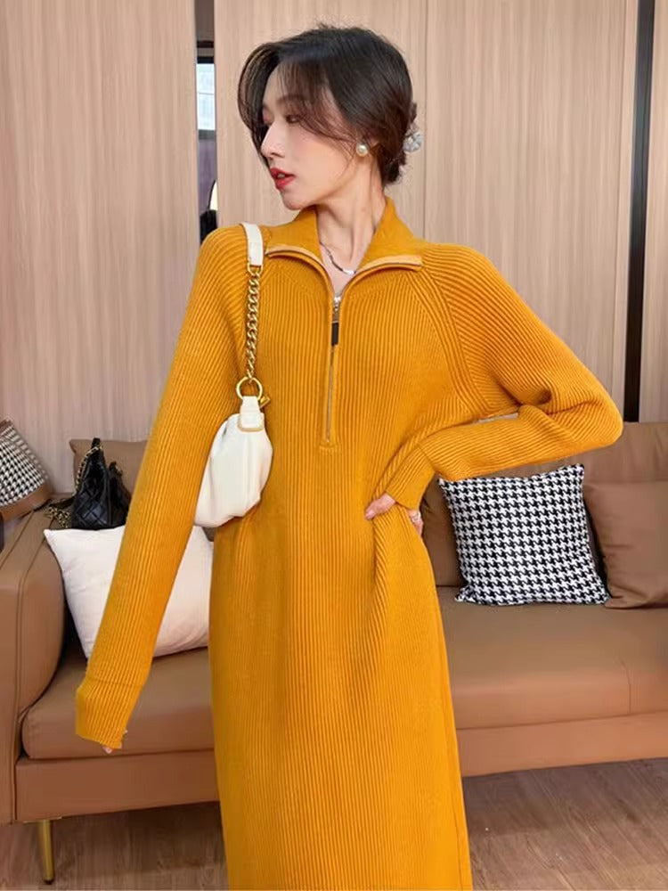 CALORA_ Elegante Halflange Damesjas en Trui Jurk met Gebreide Binnenvoering