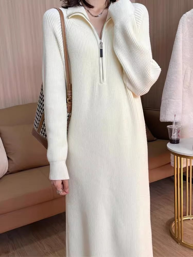 CALORA_ Elegante Halflange Damesjas en Trui Jurk met Gebreide Binnenvoering