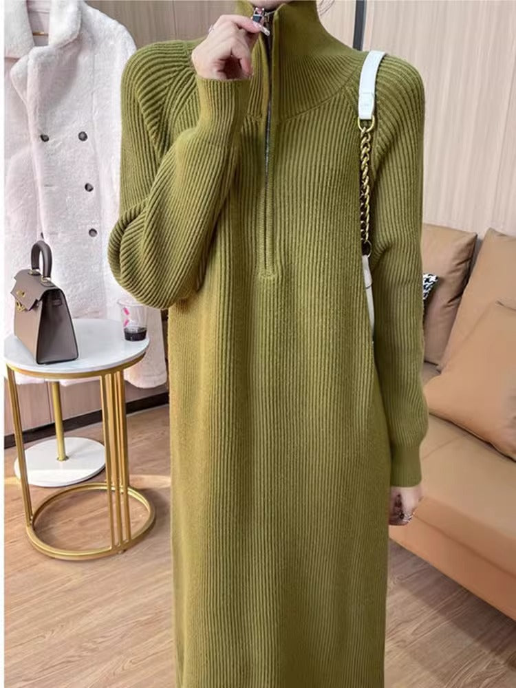 CALORA_ Elegante Halflange Damesjas en Trui Jurk met Gebreide Binnenvoering