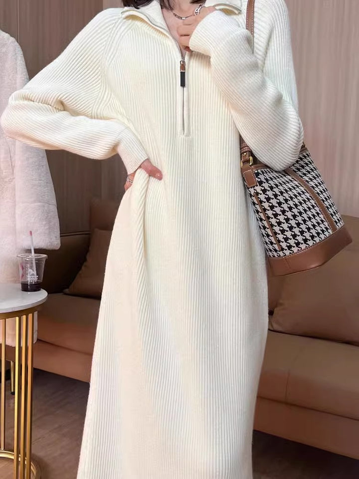 CALORA_ Elegante Halflange Damesjas en Trui Jurk met Gebreide Binnenvoering
