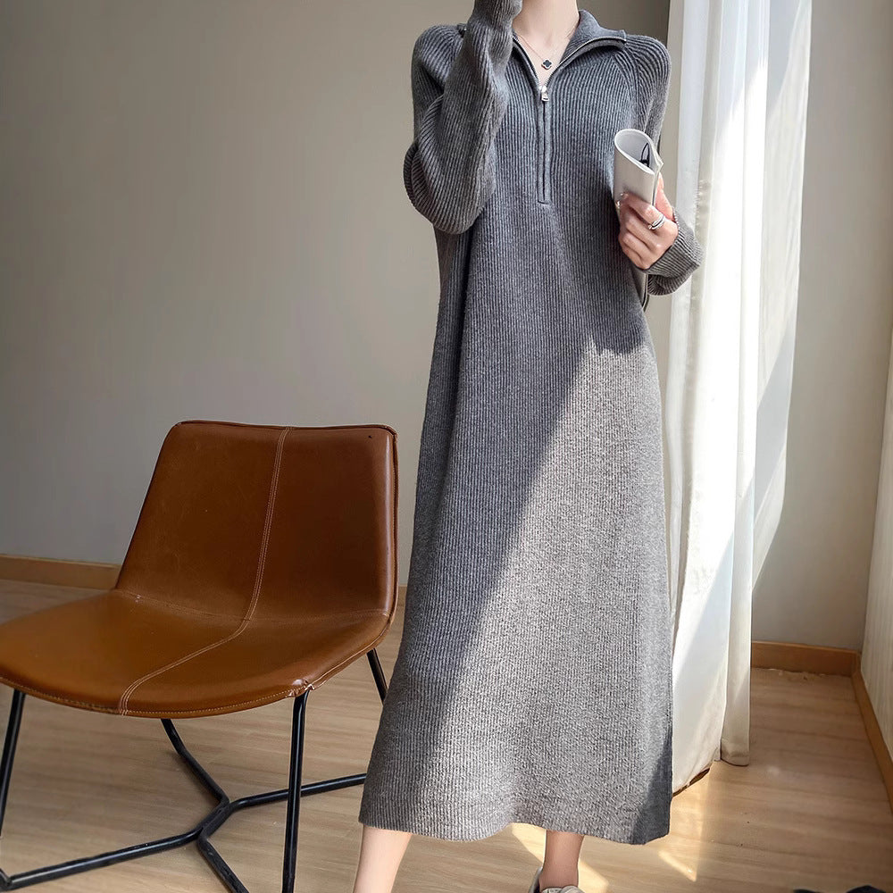 CALORA_ Elegante Halflange Damesjas en Trui Jurk met Gebreide Binnenvoering