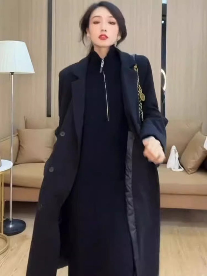 CALORA_ Elegante Halflange Damesjas en Trui Jurk met Gebreide Binnenvoering